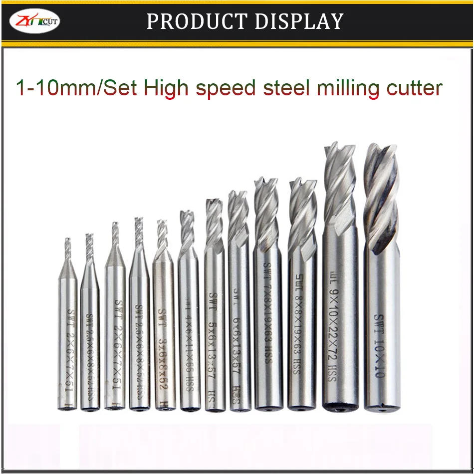 

10pcs/set 1.5/2/3/4/5/6/7/8/9/10mm End Mill Set HSS 4 Blades Flute Milling Cutter Router Bit