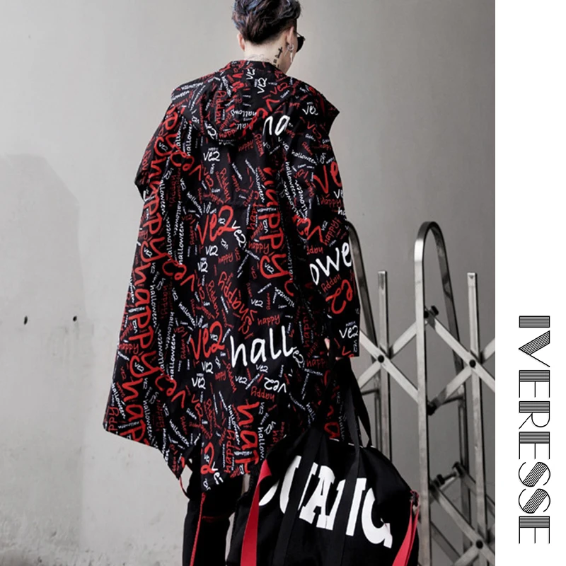 

Hip Hop Letter Print Hooded Ribbons Jacket Coat Trench For Men Gothic Punk Long Male Cloak Overcoat Mens Streetwear Windbreaker