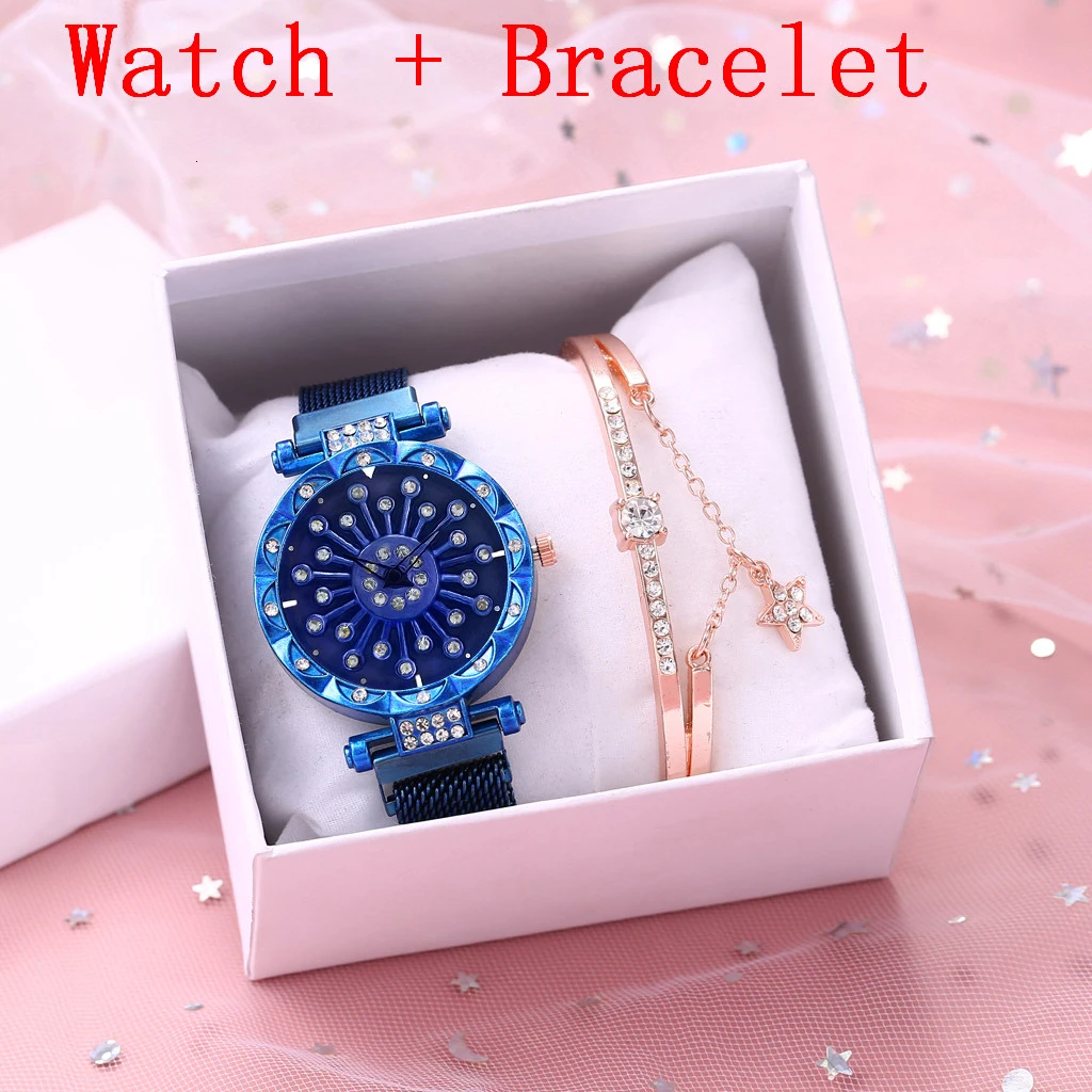 blue bracelet Женские вращающиеся бриллиантовые часы с магнитной пряжкой, Набор браслетов, роскошные женские часы с сетчатым ремешком, кварцевые часы Zegarek Damski для подарка, часы - Цвет: blue bracelet