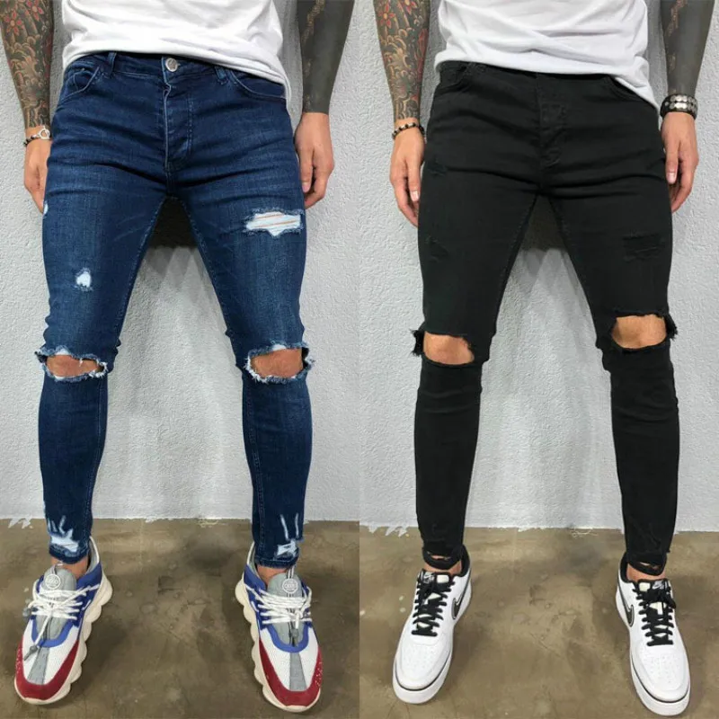 Mens Destroyed Skinny Jeans Cool Designer Stretch Ripped Denim Trousers for Men Casual Slim Fit Hip Hop Pencil Pants with Holes Mens Destroyed Skinny Jeans Cool Designer Stretch Ripped Denim Trousers for Men Casual Slim Fit Hip Hop Pencil Pants with Holes