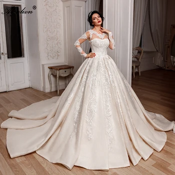 شراءAlonlivn Noiva الثقيلة العمل الفاخرة الساتان اللامع الخرز بلورات الكرة ثوب الزفاف الدانتيل يصل فساتين العروس