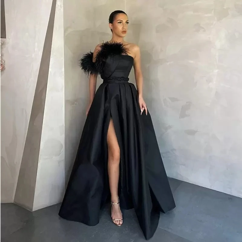 

Black Feather Satin Prom Dresses Long Side Split Evening Gowns Formal Dress Party Wear Vestidos Custom Made
