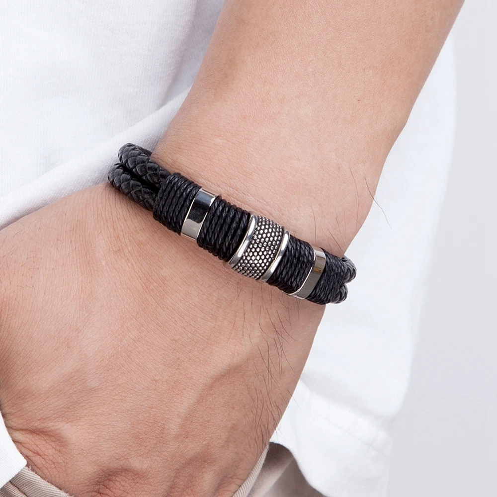 TYO Punk Rope Wrap Stainless Steel Men's Leather Bracelets