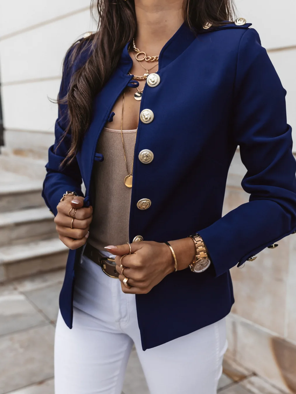 2021 New Fashion Stand Collar Blazers Women Solid Colors Single Breasted Office Jacket Long Sleeve Multi Button Slim Work Blazer
