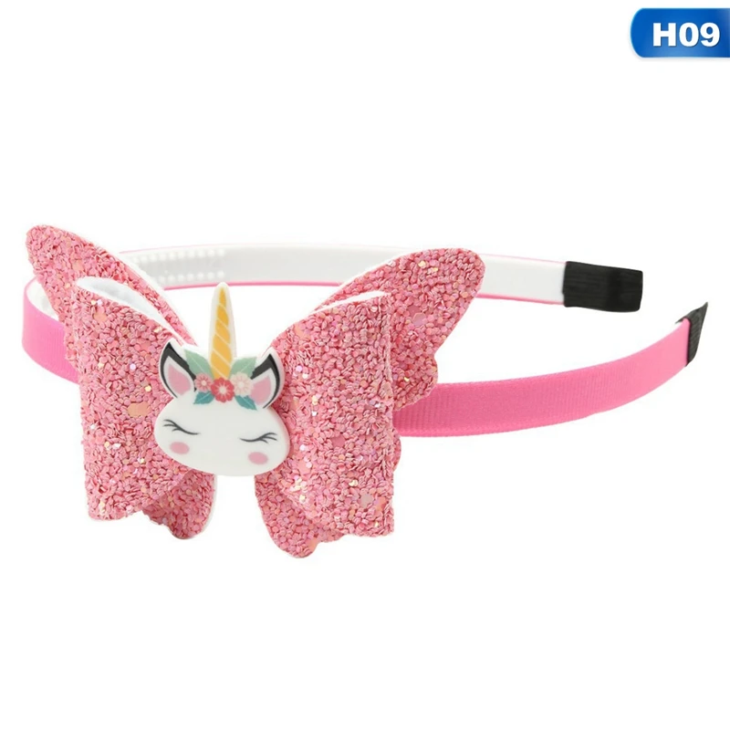 1PCS Kids Girls Unicorn Hairbands Shiny Glitter Sequins Hair Bow Children Party Hairbands Fashion Resin Kids Party Head Wear - Цвет: H09
