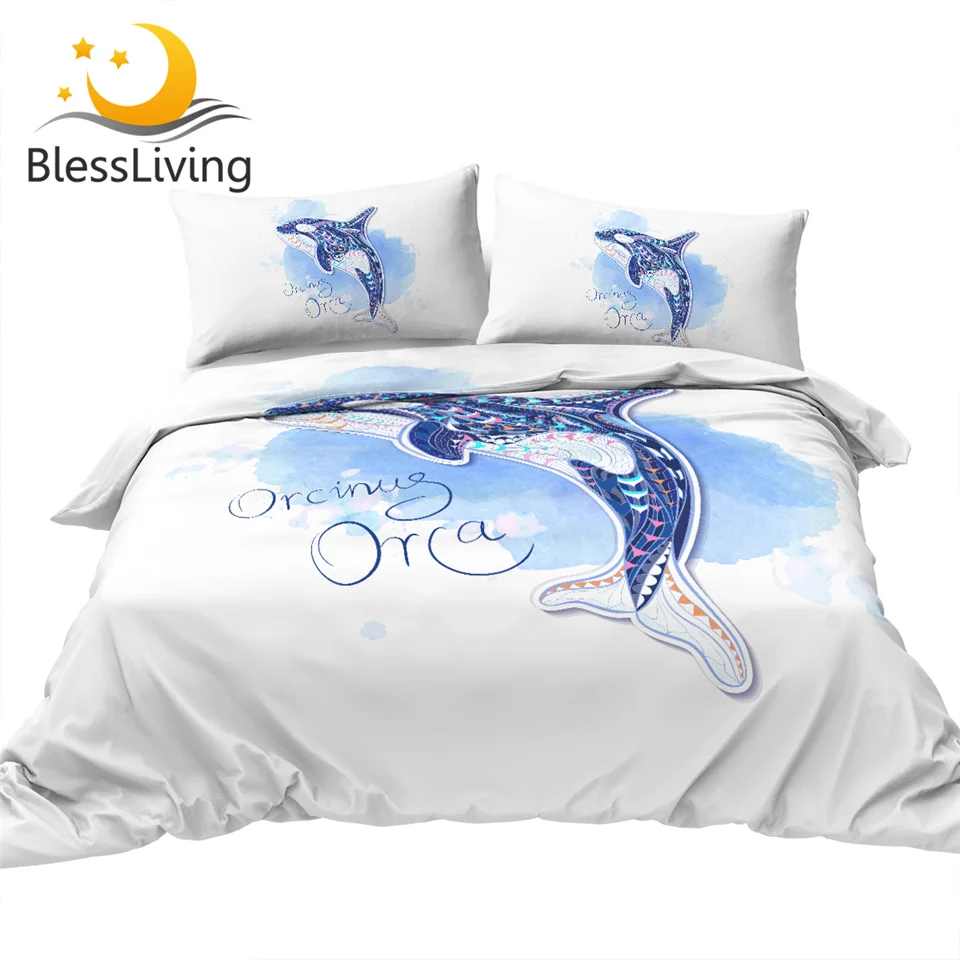 

BlessLiving Orcinus Orca Bedding Set Watercolor Animal Totem Bed Cover Grunge Home Textiles Ocean Theme Dolphin Whale Bedspreads