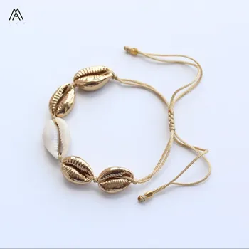 

5pcs Gold Color Skeleton Shell Cord Knotted Adjustable Bracelet Women Boho Summer Bracelet Handmade Jewelry ZJ-318
