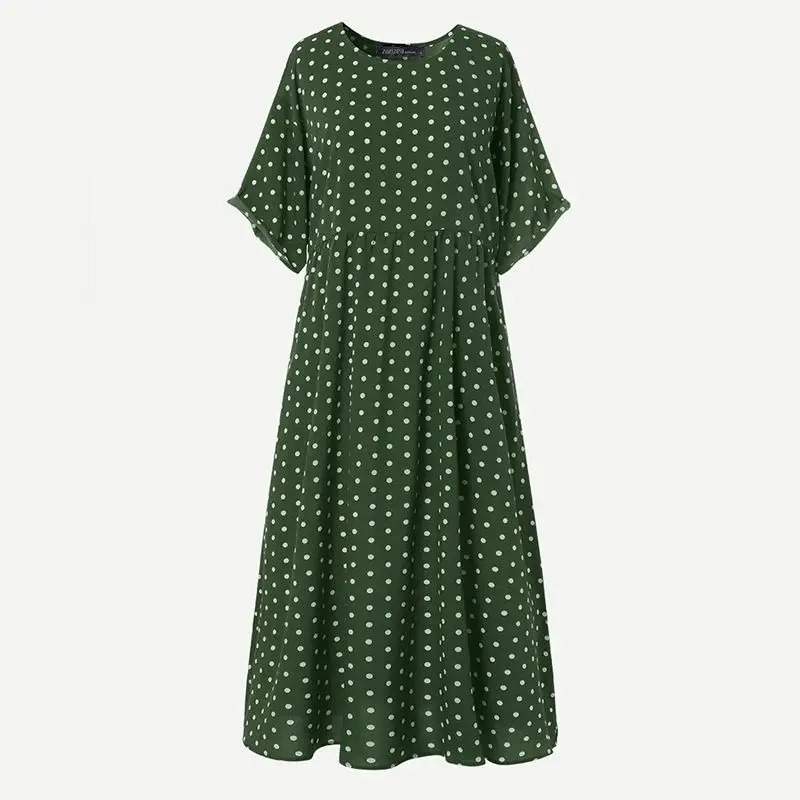 ZANZEA женский сарафан в горошек винтажное летнее богемное пляжное длинное платье с коротким рукавом Femme Robe платье с принтом Плюс Размер Vestido - Цвет: Зеленый