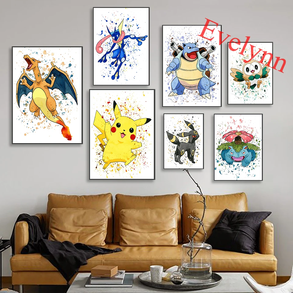 ポケモンの水彩画 壁のポスター 芸術的な絵画 モダンなリビングルームの寝室の装飾 Aliexpress Home Garden
