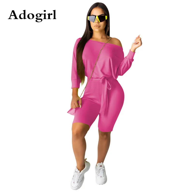 

Adogirl Fashion Off Shoulder Long Sleeve Sashes Bodycon Knee Length Jumpsuit Solid Overalls for Women Playsuit Femme Romper