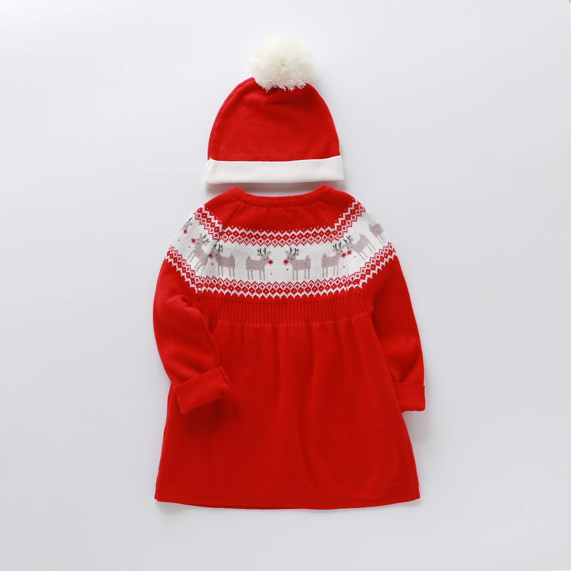 

Christmas Autumn And Winter New Style Girls Bright Red Deer Double Layer Knit Sweater Dress Baby Dress