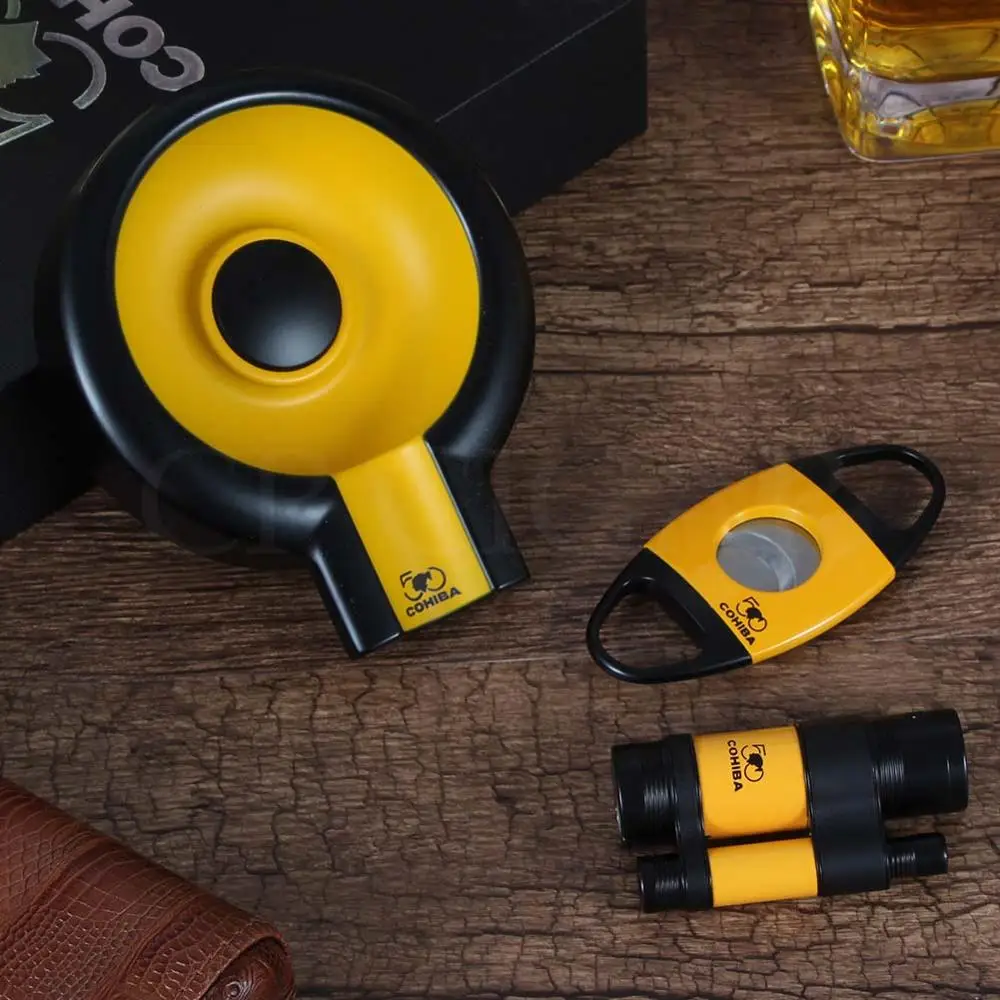 

COHIBA Cigar Set Windproof 3 Jet Torch Lighter Pocket Metal Cigars Cutter Portable Luxury Cigar Ashtray For Cuban Cigars Lighter