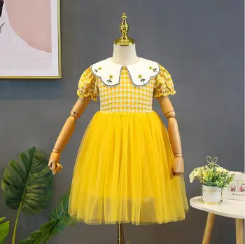 

2020 Summer Baby Girls Cotton Plaids Embroidery Mesh Dress, Princess Kids Sweet Yellow Pink Clothing 5 Piece/lot Wholesale