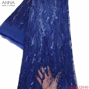 

Anna blue african beaded lace fabric embroidery with rhinestones 5 yards/pcs french net laces sequins fabrics for garment sewing