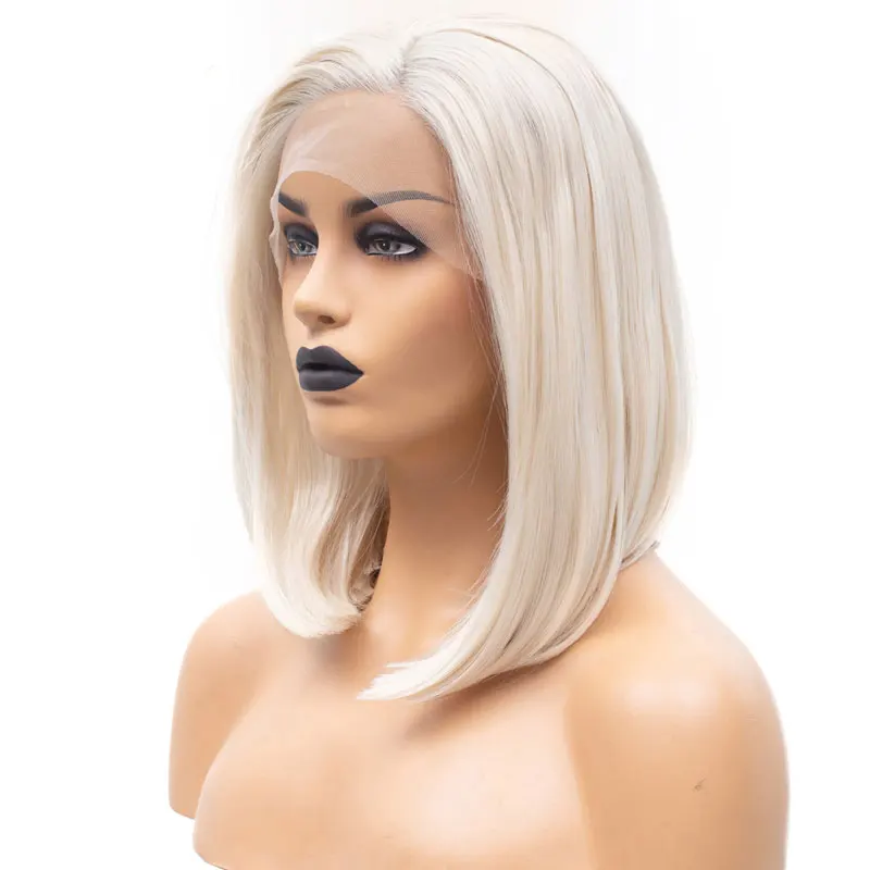 

Bombshell Heat Resistant Fiber Shoulder Length Short Bob White Straight Synthetic Lace Front Wig Side Part For White Women Girls