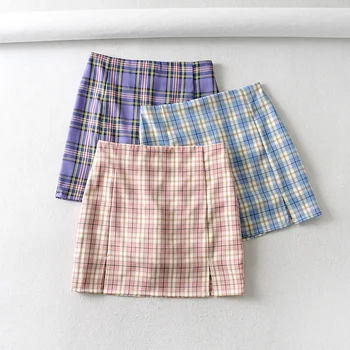 

Fashion Plaid Mini Skirt Women Sweet High Waist Split Bottom Skirt 2020 Back Zipper Ladies Chic Bodycon Skirts