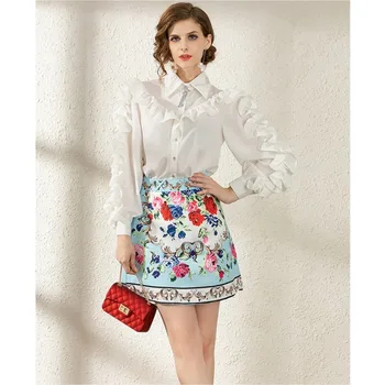 

Spring Autumn Fashion Designer Suit Women Ruffles Long sleeve Shirt Tops+Floral-Print Short skirt Elegant Two-piece set