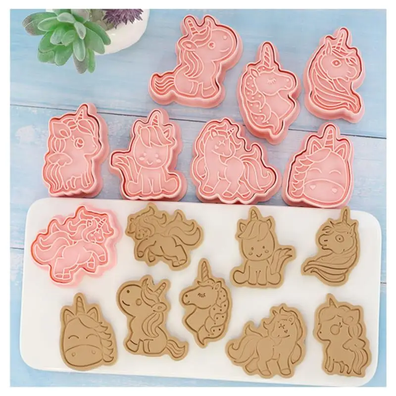 8 Pcs/set Unicorn Shape Cookie Cutters Plastic 3D Cartoon Pressable Biscuit Mold | Дом и сад