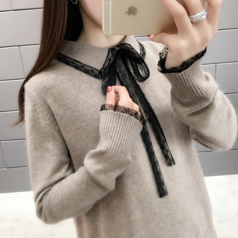 Goedkoop TIGENA Elegante Kant Turn down Collor Trui Vrouwen Jumper 2019 Herfst Winter Lange Mouw Gebreide Trui Vrouwelijke Kaki