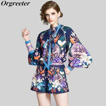 

Summer Fall Runway Design Retro Floral Printed 2 Piece Set Female Lantern Sleeve Bow Blouse Tops and Shorts Elegant Twinest Sets