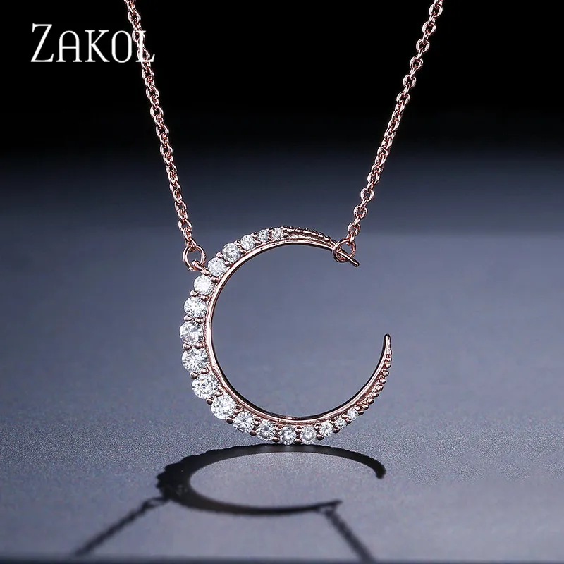 Ожерелье с кулоном из нежного фианита ZAKOL, ожерелье с изогнутым полумесяцем, Женское Ожерелье, Женские Ювелирные изделия, подарок на день рождения, FSNP2034 - Окраска металла: Rose Gold Color
