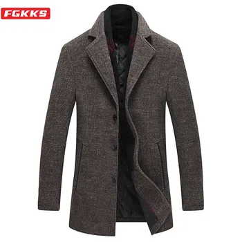 

FGKKS Brand Wool Blend Coats Men Winter New Men's High Quality Casual Wool Coat Thick Warm Wool Overcoat Male(With Scarf)