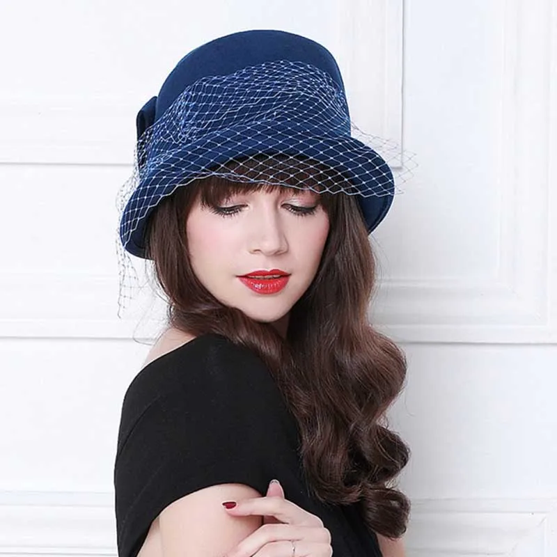 Фибоначчи фирменные качественные фланцевые Цветочные сетчатые шерстяные войлочные шляпы-федоры женские осенне-зимние шапки элегантные банкетные фетровые шляпы - Цвет: Синий