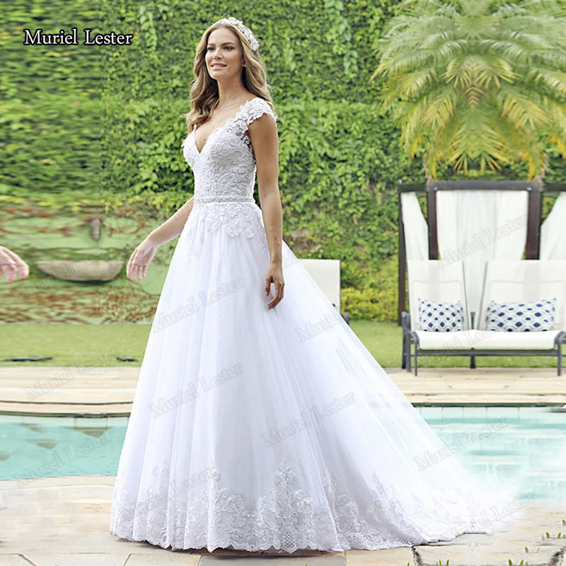 

Short Sleeves Beading Crystal Lace A Line Plus Size Wedding Dress Boho 2020 See Through Back Applique Bridal Dresses Custom Made