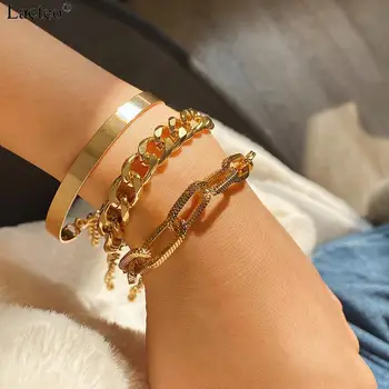 

Lacteo Punk 3 pcs/set Hip Hop Gold Color Cuban Thick Bracelets Bangle Jewelry 2020 for Women Fashion Chunky Chain Charm Bracelet
