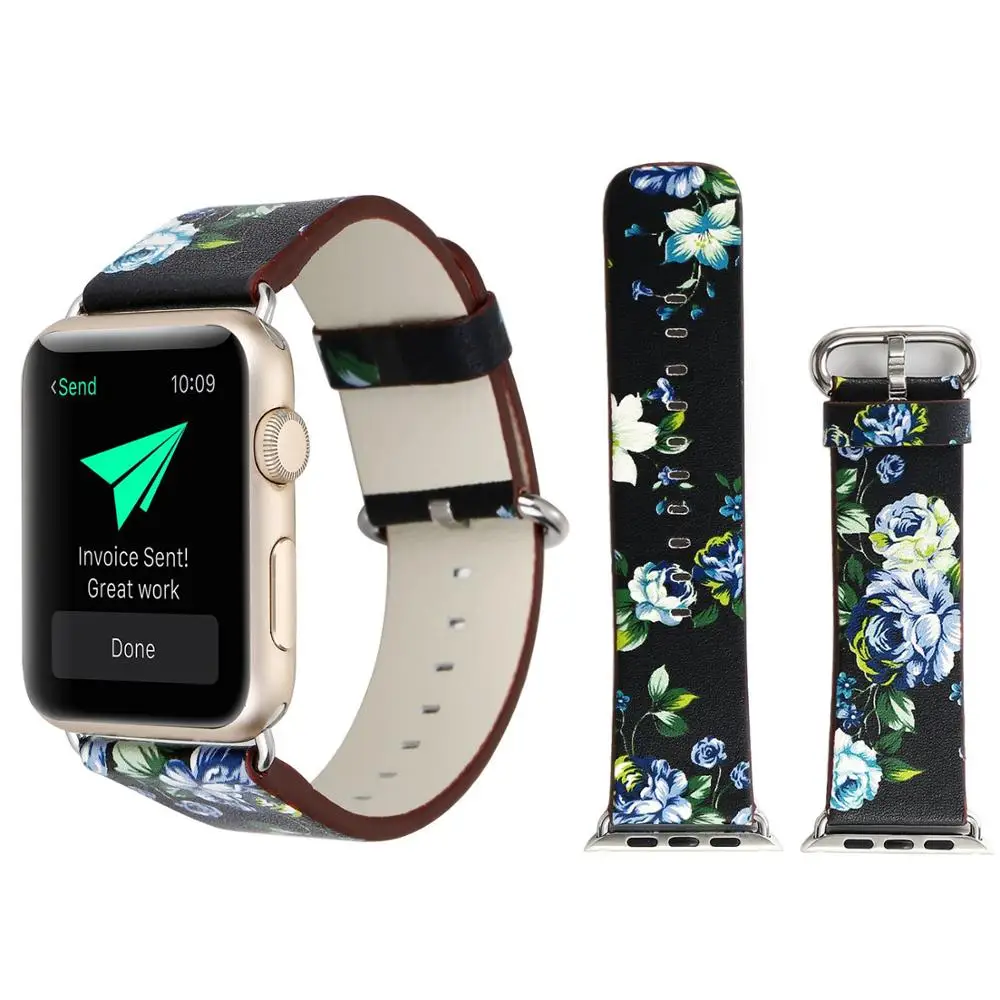 Кожаный ремешок в пасторальном стиле для Apple watch 44 мм 40 мм цветочный принт 42 мм 38 мм iwatch 5 4 браслет для Apple watch 3 2