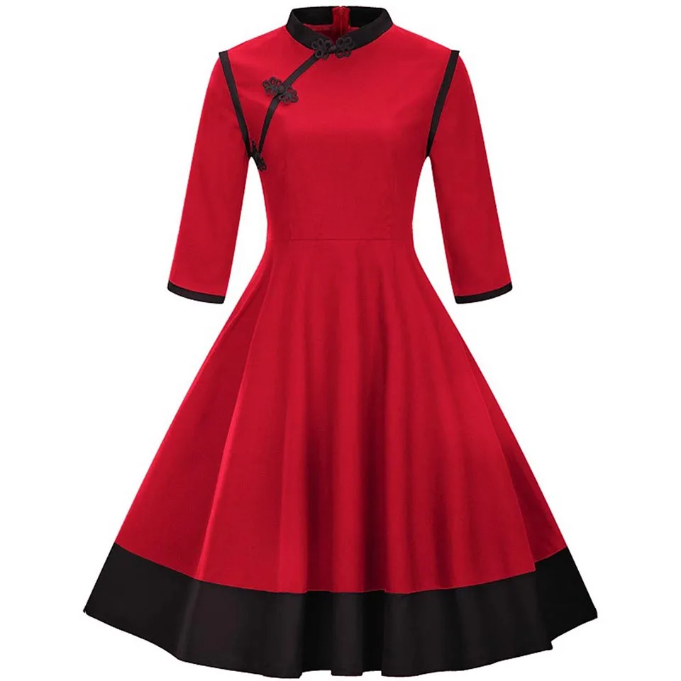 Sisjuly винтажное платье 1950-х годов осень черный лоскутное линия платья партии qipao шеи элегантный красный три четверти ретро платье