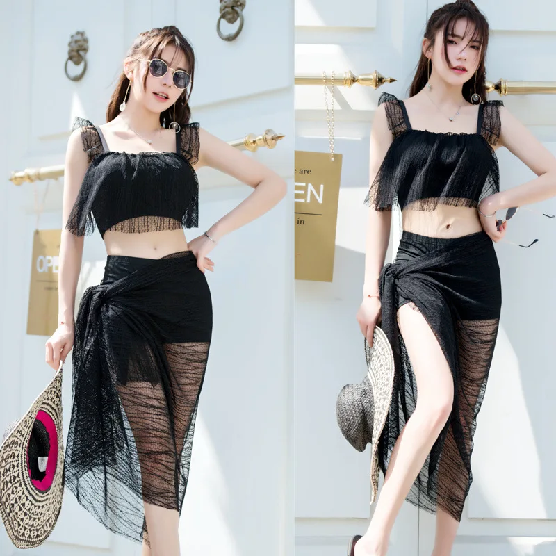 

Sexy Bikini Swimwear Solid Color Split Type Bikini Three-piece Set with Underwiring Push up Lace Veils WOMEN'S Swimsuit