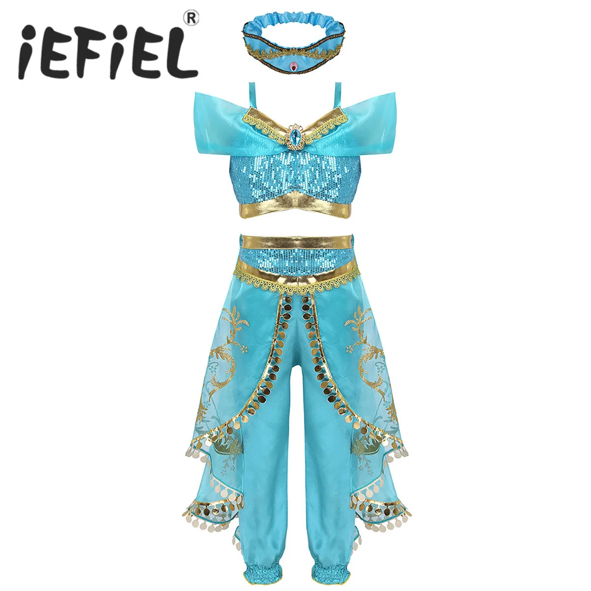 

Girls Princess Fancy Party Outfits Rhinestone Costume Outfit Off Shoulder Crop Top with Pants Headband Set for Halloween Cosplay