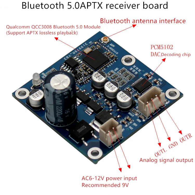 Bluetooth 5,0 APTX Bluetooth приемник AC6-12V или DC12V QCC3008 поддерживает A2DP, AVRCP, HFP, AAC, IGS и т. Д. PCM5102 DAC