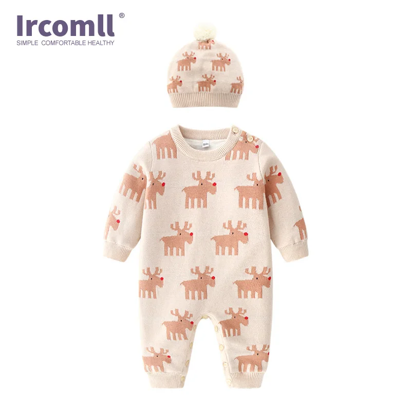 

Ircomll 2 PCS Christmas Clothes For Newborns Elk Bear Knitted Sweater Jumpsuit Lining Velvet Romper+Hat Clothes Set baby costume