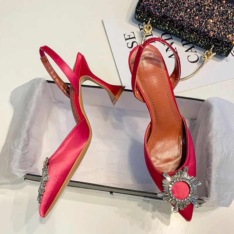 Zapatos de tacón triangular para mujer, zapatillas femeninas de tacón alto, de lujo, con cristales, para fiesta y boda, para verano