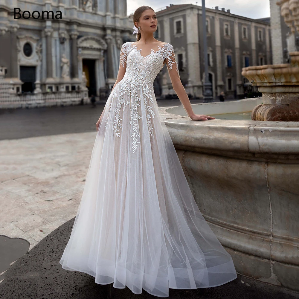 

Booma Elegant Lace Wedding Dresses Sweetheart Appliques Long Sleeves Bride Dresses Buttons Back Tulle A-Line Bridal Gowns