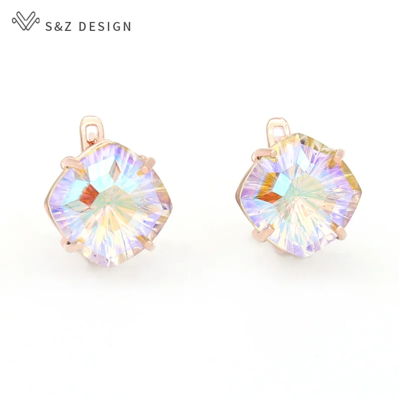 S&Z DESIGN New Elegant 585 Rose Gold Color Big Square Crystal Dangle Earrings For Women Fashion Luxury Wedding Jewelry