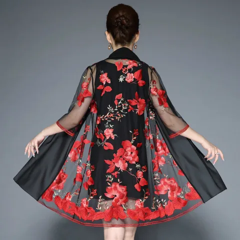Весна Лето Женское платье из двух частей винтажное платье с рукавом 3/4 и цветочной вышивкой Повседневные Вечерние платья размера плюс 6XL - Цвет: red