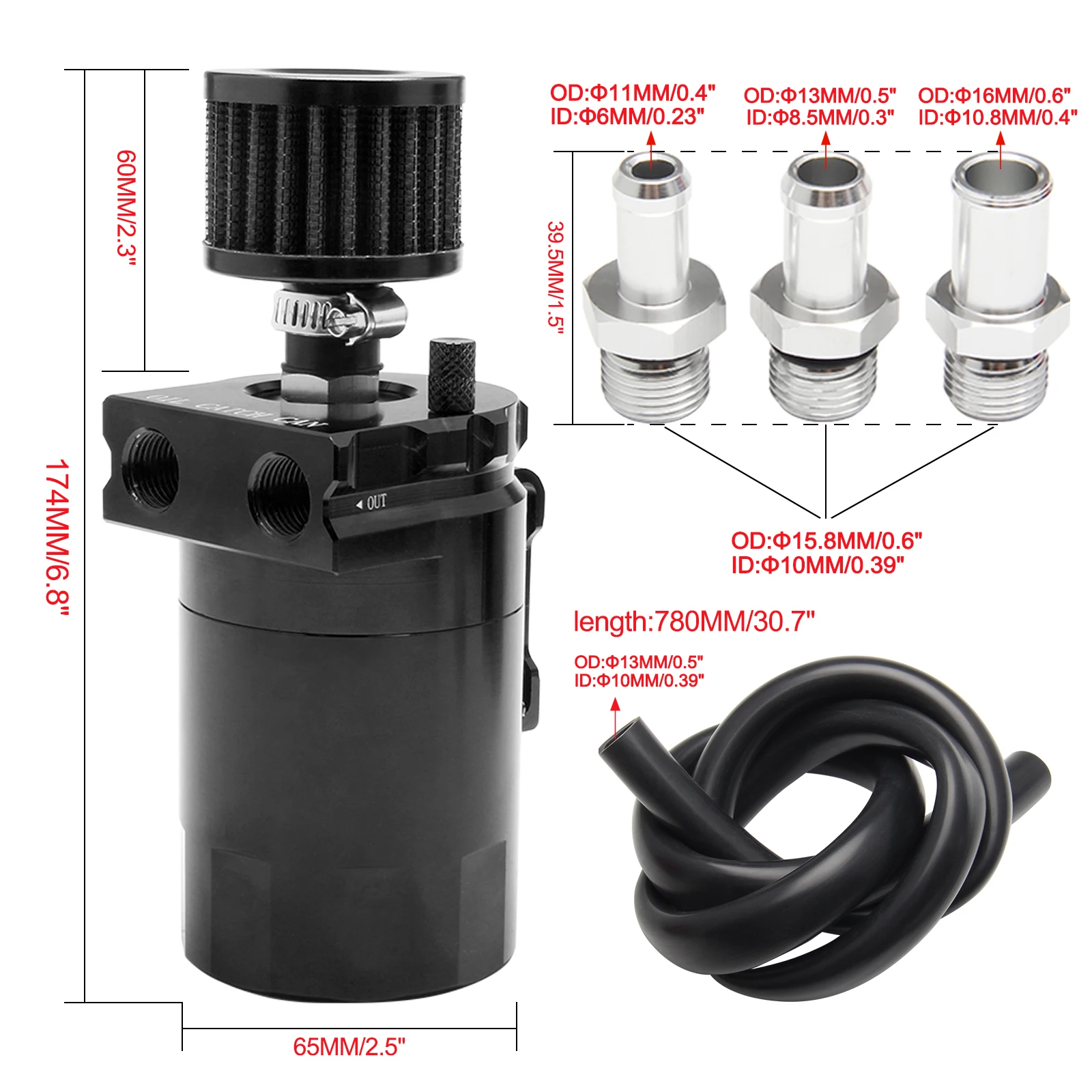 Oil Catch Can Car Baffled Reservoir Tank with Air Filter Breather Aluminum Fittings Oil Dipstick Hole