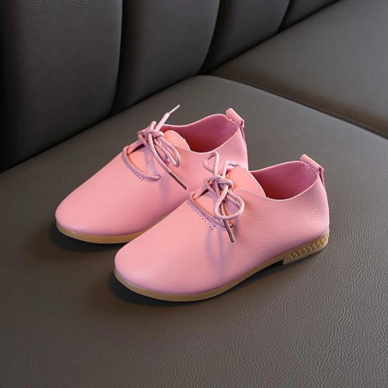 CYSINCOS 2020 Girls Leather Shoes Solid Color Children Princess Shoes Concise Flats Soft Bottom Lace  Shoes For New Year