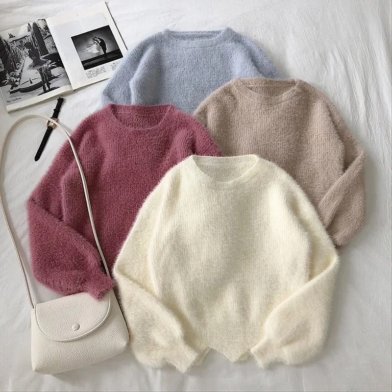 

Women's O-Neck Irregular Hem Thick Pullover Sweater Top 2020 Autumn Winter Loose Solid Color Lantern Sleeve Jumper Pull Femme