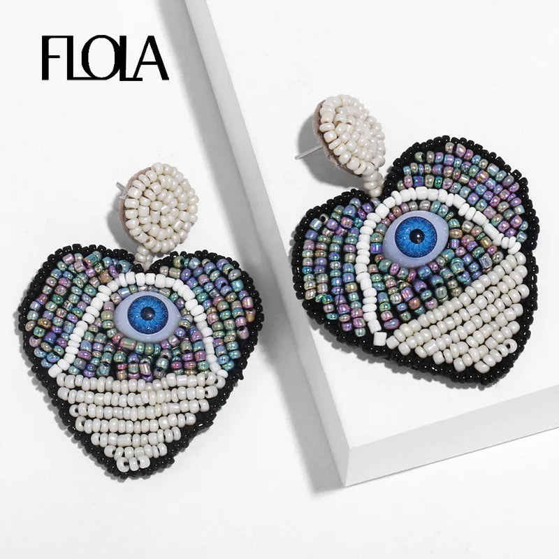 

FLOLA Turkish Beaded Eye Earrings Heart Statement Large Pendant Evil Eye Earrings Jewelry Pendientes 2019 Fall Jewelry ersq89