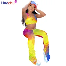 

HAOOHU Women Tie Dye Galaxy Sport Stacked Pants Two Piece Set Tank Top Bell Bottom Flare Jogger Tracksuit Matching Set Outfit