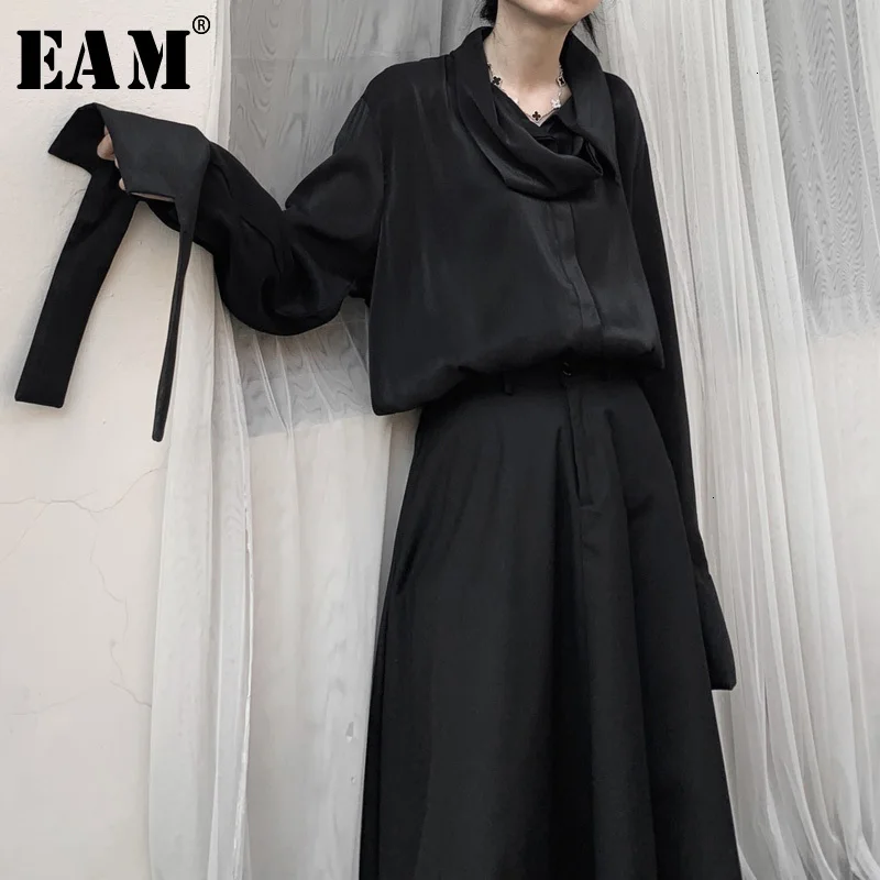 [EAM] Женская черная блузка с манжетами и разрезом большого размера, новая свободная рубашка с длинным рукавом, модная весенняя Осенняя 19A-a607