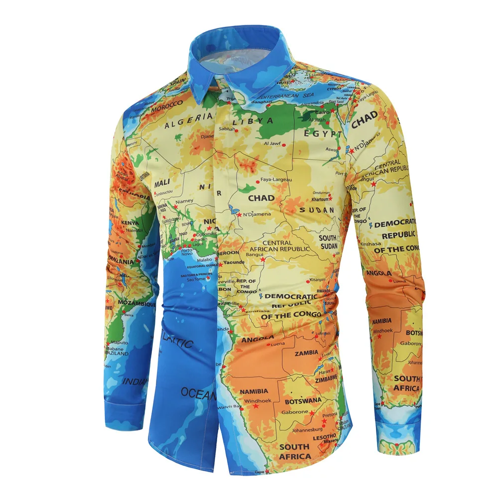 

2019 Spring And Autumn New Style Hot Selling Europe And America Men's 3D Digital Map Printed Casual Long-sleeved Shirt Men's
