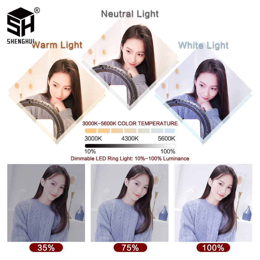 SH-9 인치/23cm 셀카 링라이트 Led 사진 필 조명 삼각대 스탠드, Usb 충전 Led 램프 메이크업 라이브 스트림