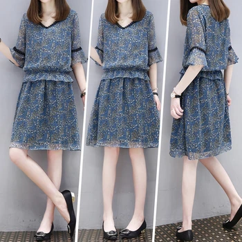 

Europe Station 2020 Summer New Style Show Thin Temperament Fake Two A-line Floral Chiffon Elastic Waist Dress Female
