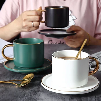 

European Luxury Tea Cups And Saucer Sets With Spoon Ceramic Coffee Mug Kubki Do Kawy White Black Dark Green Cups Set 6 FF70C14