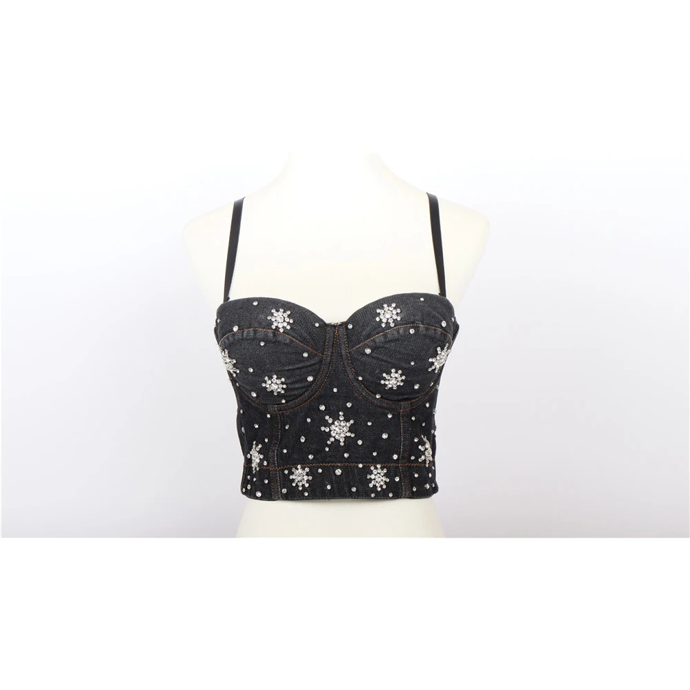 

CIEMIILI Women's Summer New Corset Denim Sexy Top Fashion Beaded Accessories Adjustable Straps Corset Party Nightclub Top